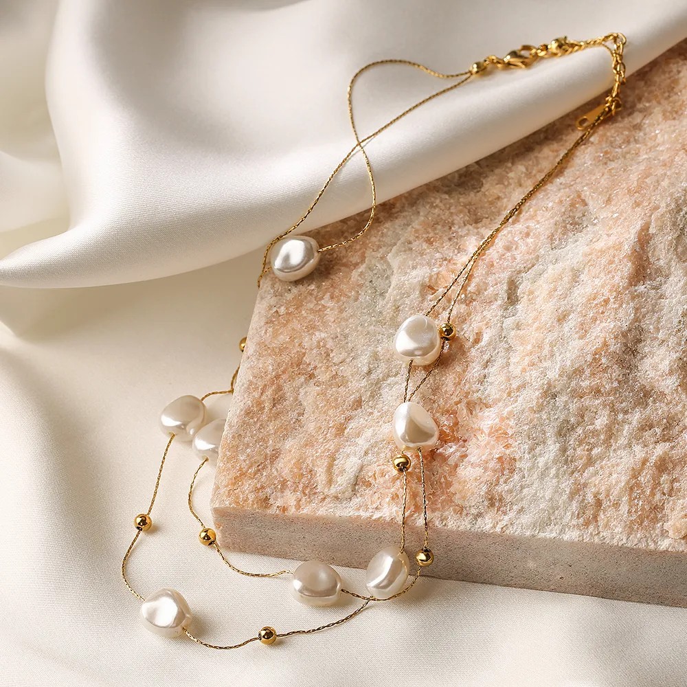 Elegant Irregular Titanium Steel Pearl Plating 18K Gold Plated Layered Necklaces_colorza_5