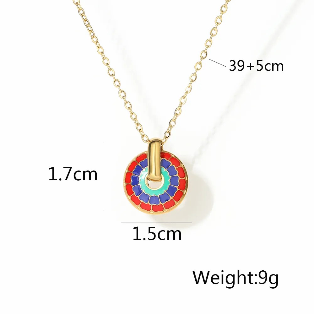 Retro Geometric Round Titanium Steel Enamel Plating 18K Gold Plated Pendant Necklace_colorza_1