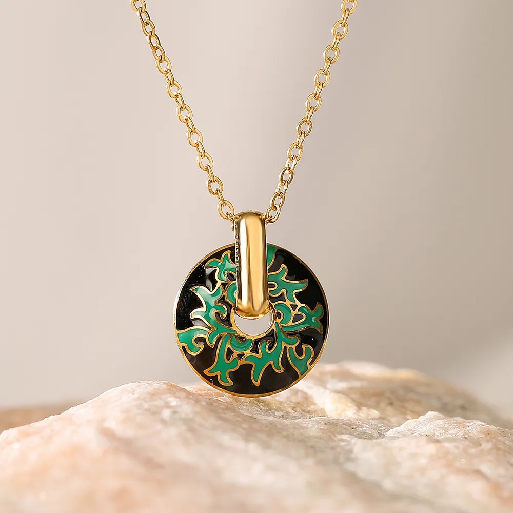 Retro Geometric Round Titanium Steel Enamel Plating 18K Gold Plated Pendant Necklace_colorza_2