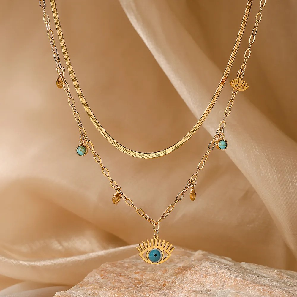 Modern Style Devil'S Eye Titanium Steel Layered Plating Inlay Turquoise 18K Gold Plated Pendant Necklace_colorza_3