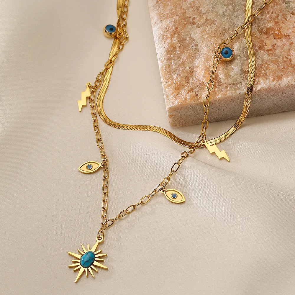 Modern Style Devil'S Eye Titanium Steel Layered Plating Inlay Turquoise 18K Gold Plated Pendant Necklace_colorza_4