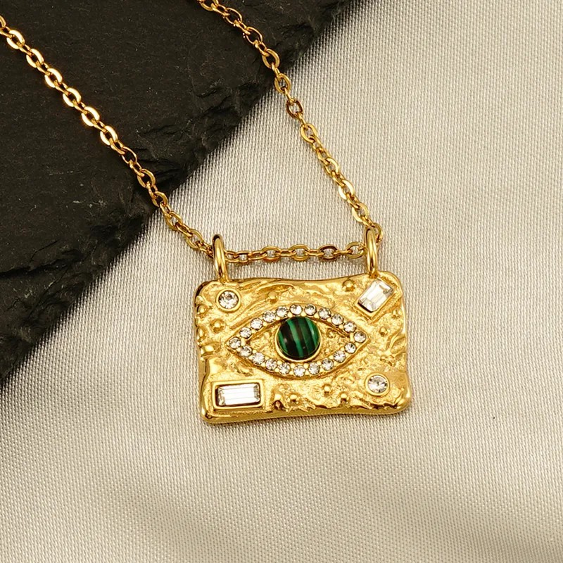 INS Style Casual Devil'S Eye Stainless Steel Plating Inlay Malachite Rhinestones 18K Gold Plated Pendant Necklace_colorza_1