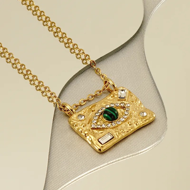 INS Style Casual Devil'S Eye Stainless Steel Plating Inlay Malachite Rhinestones 18K Gold Plated Pendant Necklace_colorza_3