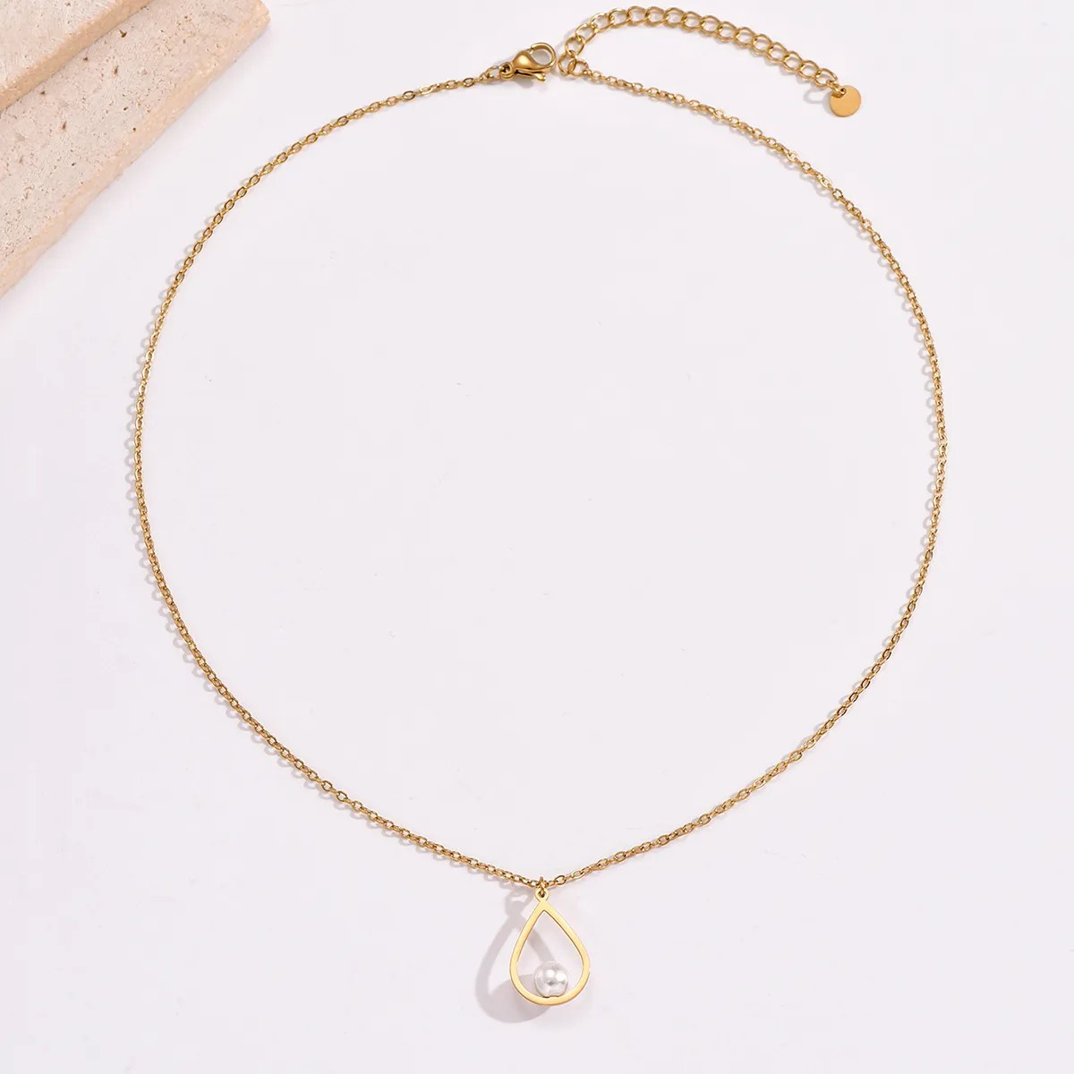 Elegant Simple Style Water Droplets Stainless Steel Plating Inlay Artificial Pearls 14K Gold Plated Pendant Necklace_colorza_1