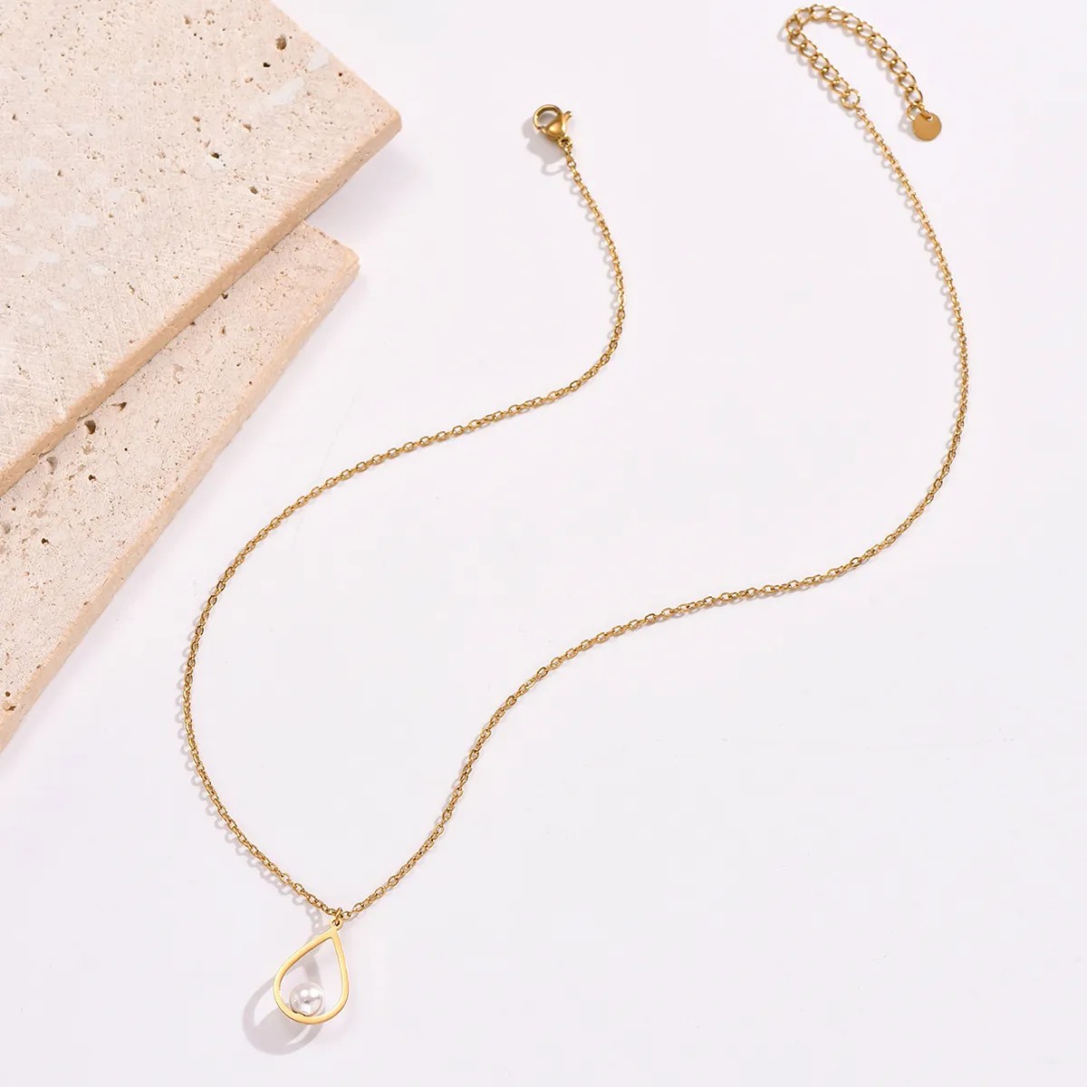 Elegant Simple Style Water Droplets Stainless Steel Plating Inlay Artificial Pearls 14K Gold Plated Pendant Necklace_colorza_2