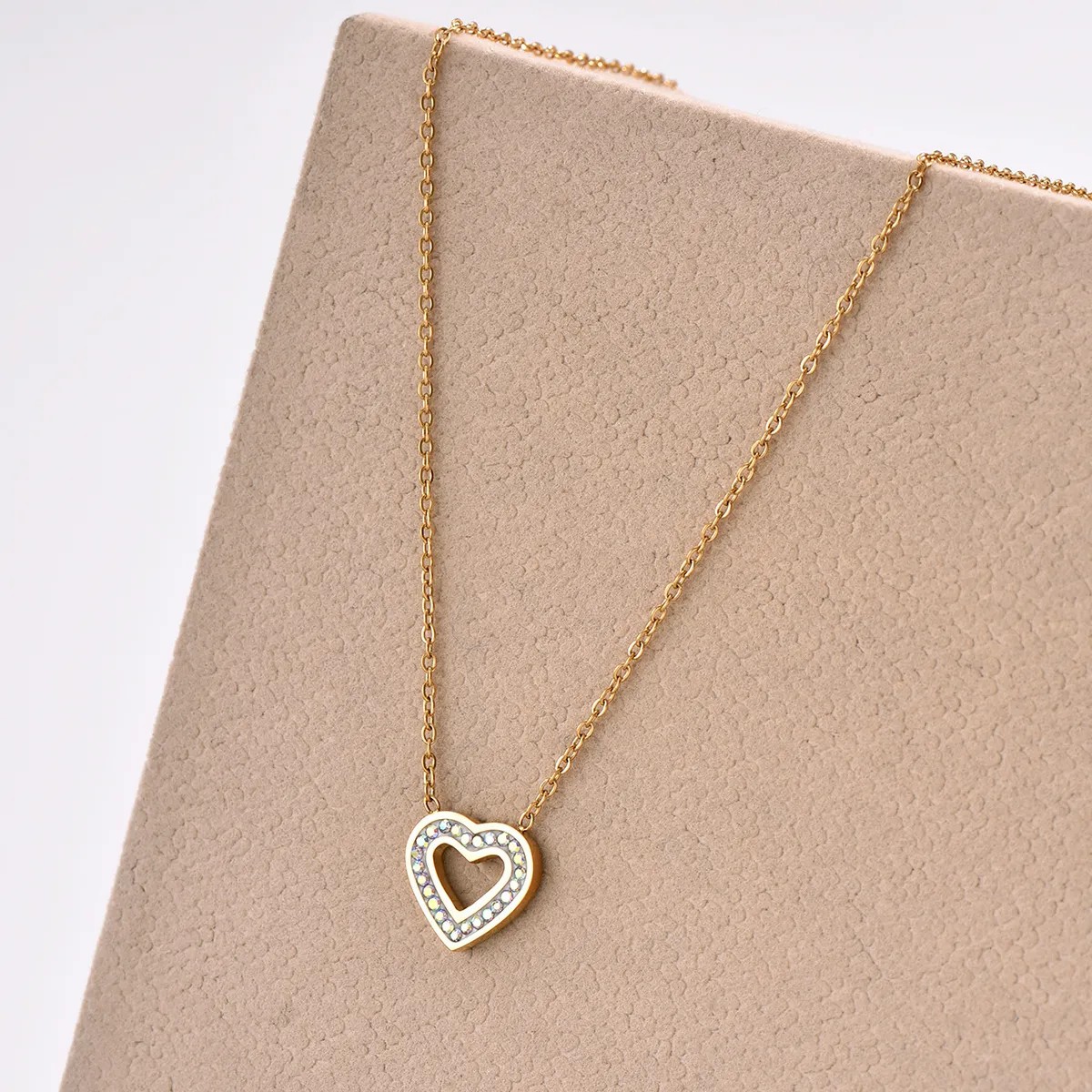 Elegant Heart Shape Stainless Steel Plating Inlay Rhinestones 14K Gold Plated Pendant Necklace_colorza_2