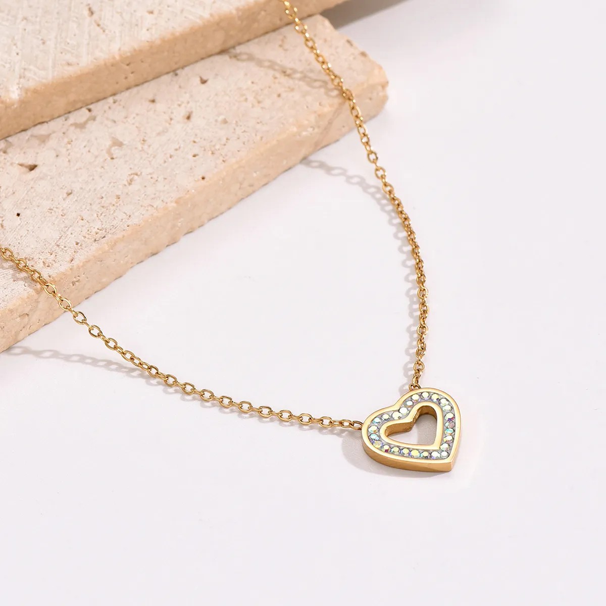 Elegant Heart Shape Stainless Steel Plating Inlay Rhinestones 14K Gold Plated Pendant Necklace_colorza_4