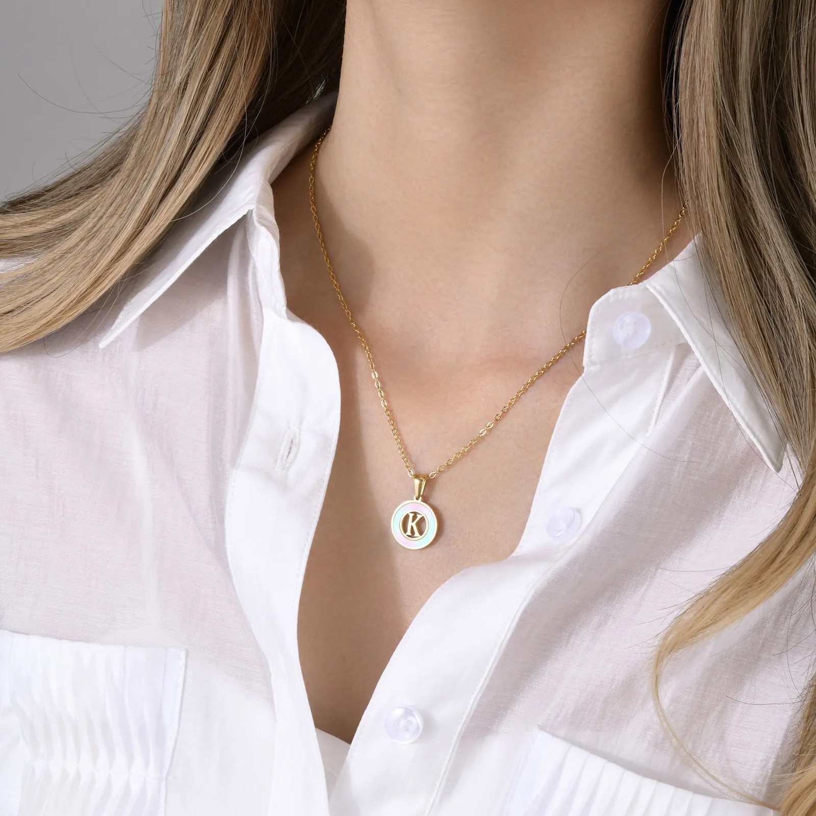 INS Style Simple Style Letter Stainless Steel Plating Hollow Out Inlay Shell 18K Gold Plated Necklace Pendant_colorza_1