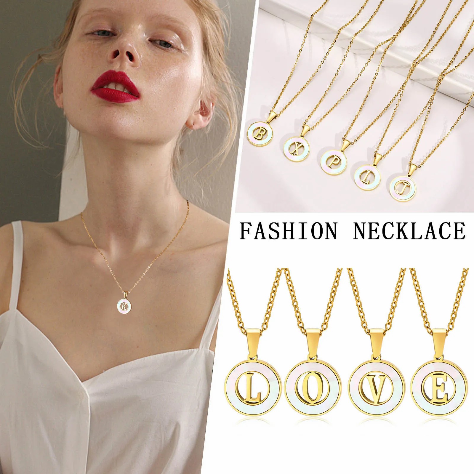 INS Style Simple Style Letter Stainless Steel Plating Hollow Out Inlay Shell 18K Gold Plated Necklace Pendant_colorza_2