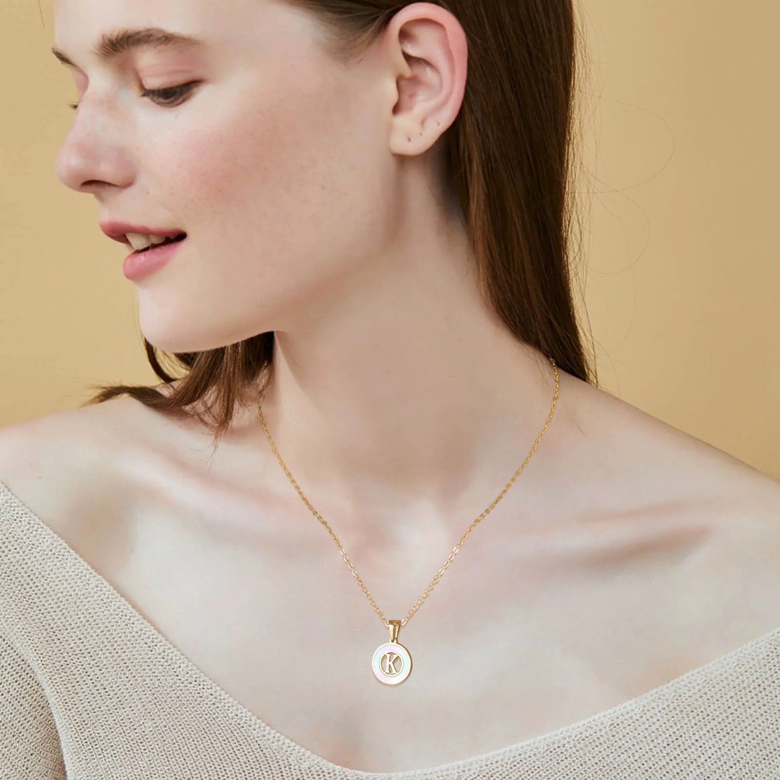 INS Style Simple Style Letter Stainless Steel Plating Hollow Out Inlay Shell 18K Gold Plated Necklace Pendant_colorza_3