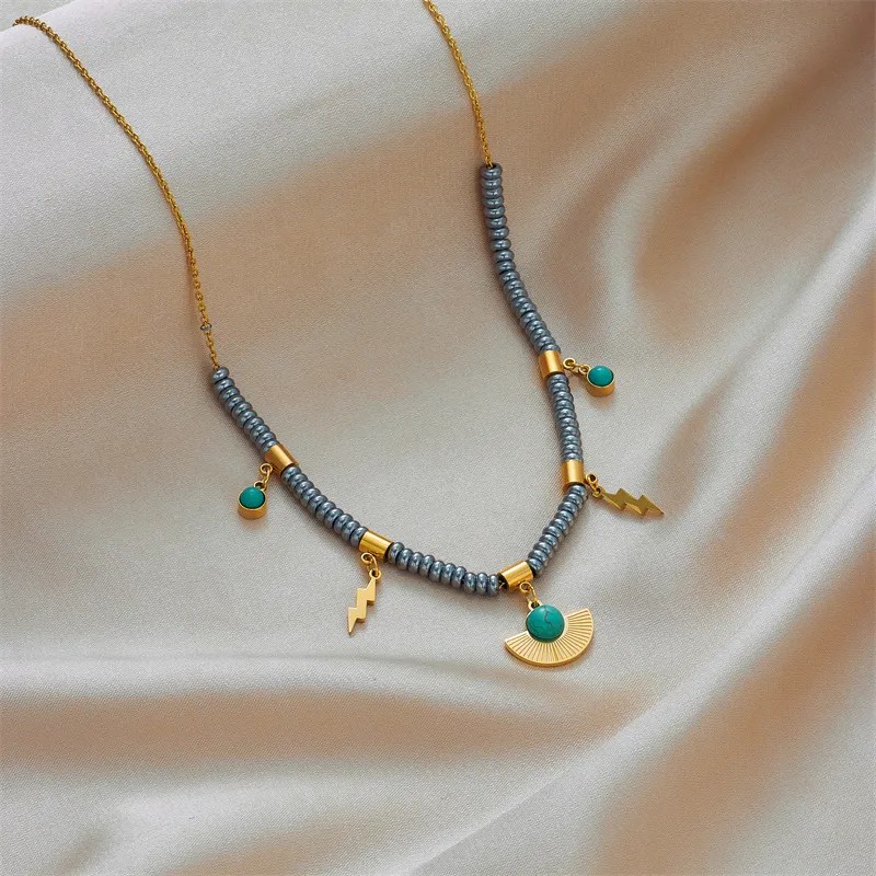 Elegant Sector Titanium Steel Plating Inlay Turquoise 18K Gold Plated Pendant Necklace_colorza_2