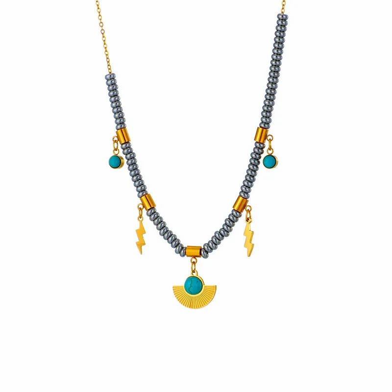 Elegant Sector Titanium Steel Plating Inlay Turquoise 18K Gold Plated Pendant Necklace_colorza_4