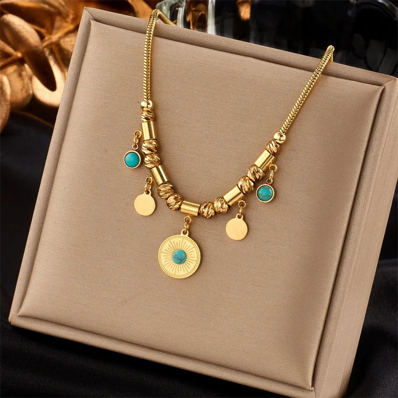 Vintage Style Round Titanium Steel Plating Inlay Turquoise 18K Gold Plated Pendant Necklace_colorza_1