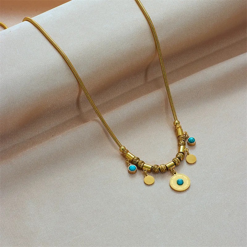 Vintage Style Round Titanium Steel Plating Inlay Turquoise 18K Gold Plated Pendant Necklace_colorza_2