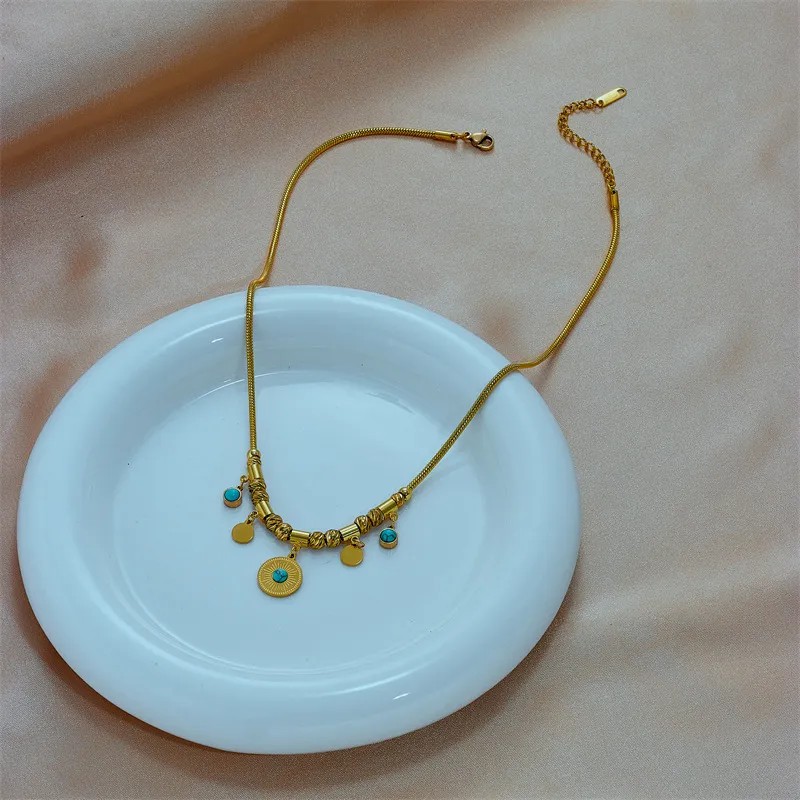 Vintage Style Round Titanium Steel Plating Inlay Turquoise 18K Gold Plated Pendant Necklace_colorza_3