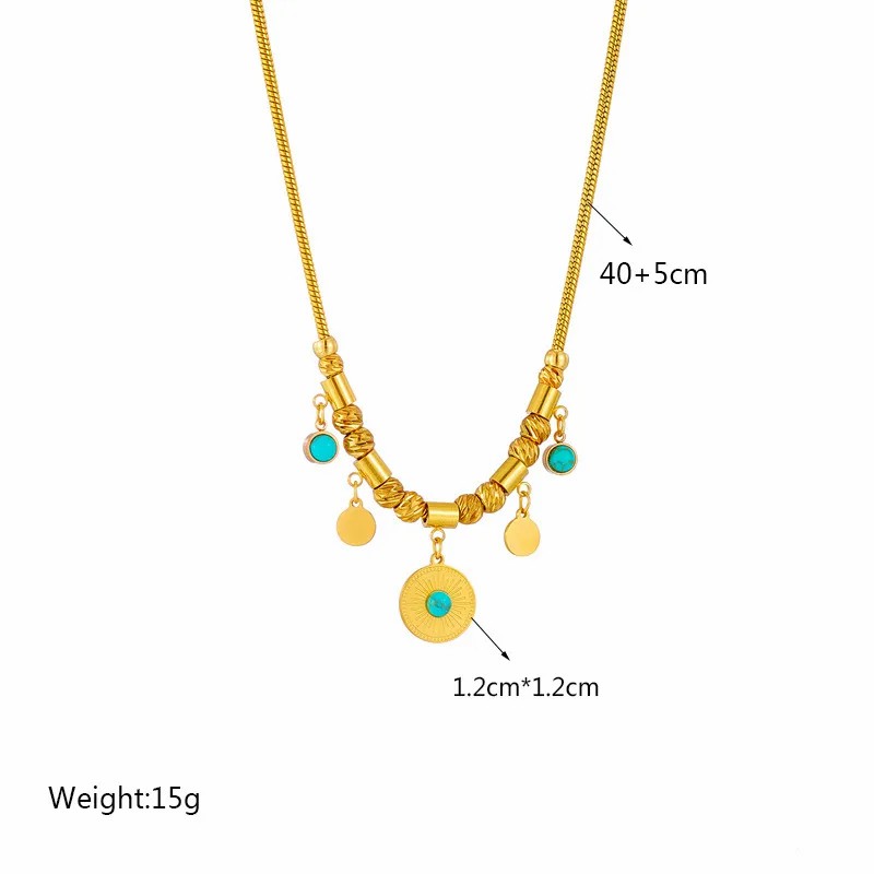 Vintage Style Round Titanium Steel Plating Inlay Turquoise 18K Gold Plated Pendant Necklace_colorza_4