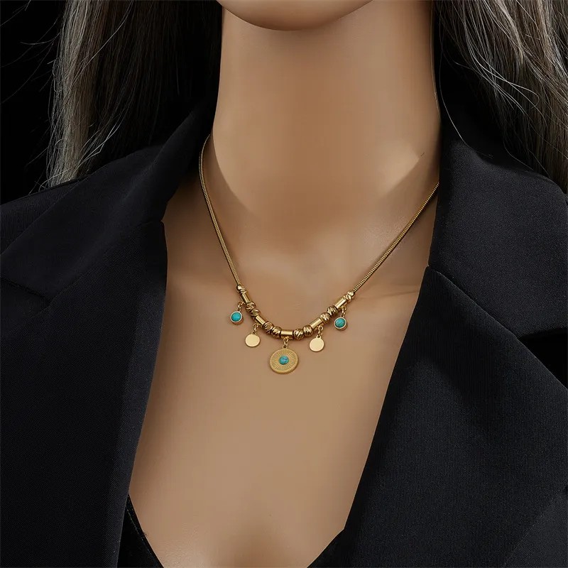 Vintage Style Round Titanium Steel Plating Inlay Turquoise 18K Gold Plated Pendant Necklace_colorza_5