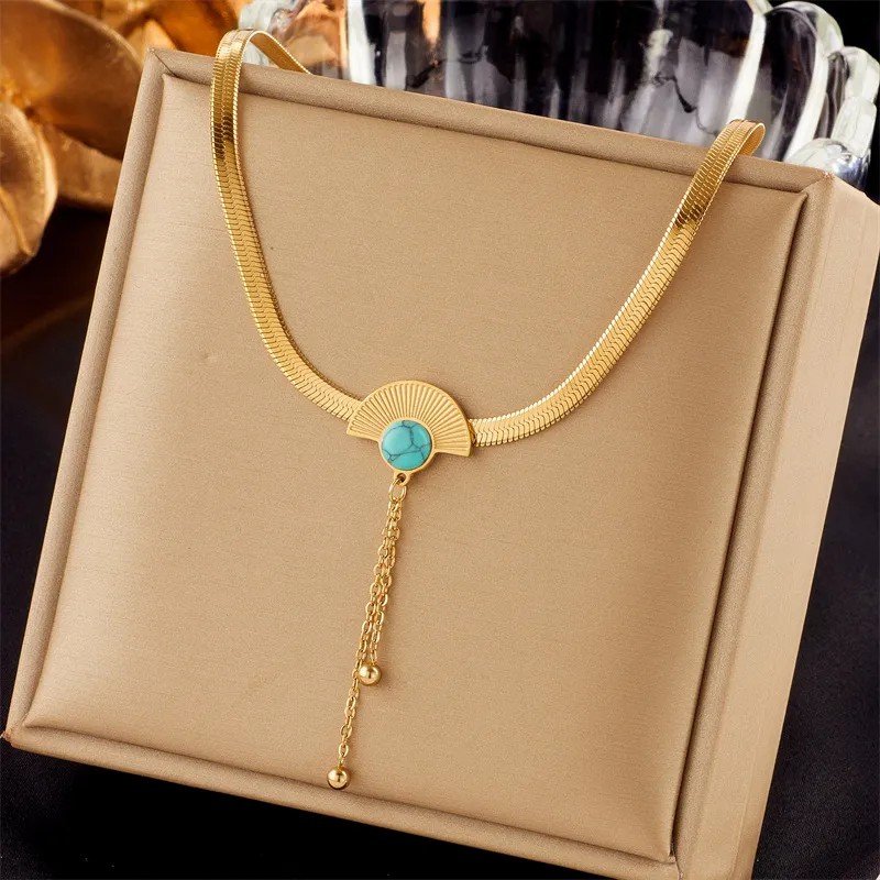 Retro Sector Titanium Steel Plating Inlay Turquoise 18K Gold Plated Necklace_colorza_1