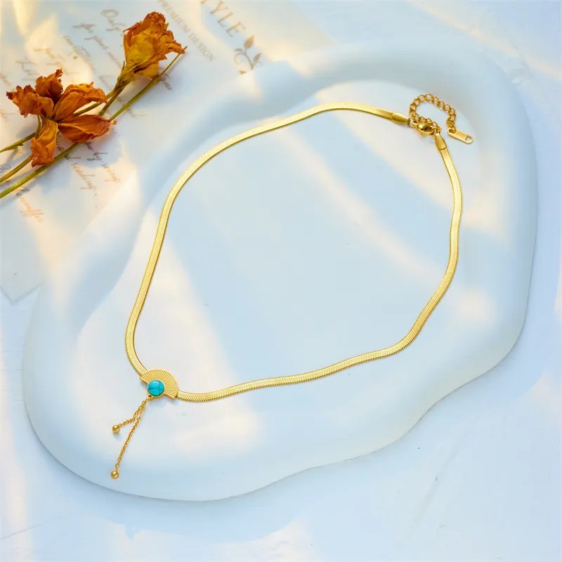 Retro Sector Titanium Steel Plating Inlay Turquoise 18K Gold Plated Necklace_colorza_3