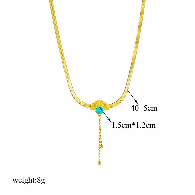 Retro Sector Titanium Steel Plating Inlay Turquoise 18K Gold Plated Necklace_colorza_4