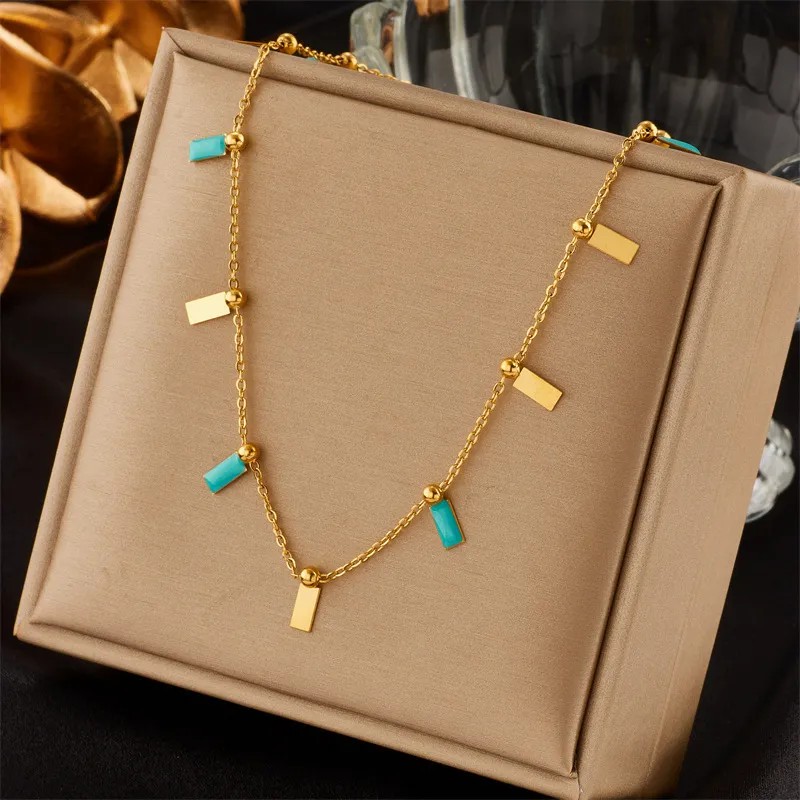 Elegant Rectangle Titanium Steel Enamel Plating 18K Gold Plated Necklace_colorza_1