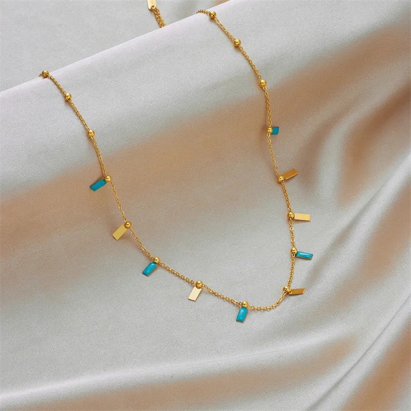 Elegant Rectangle Titanium Steel Enamel Plating 18K Gold Plated Necklace_colorza_2