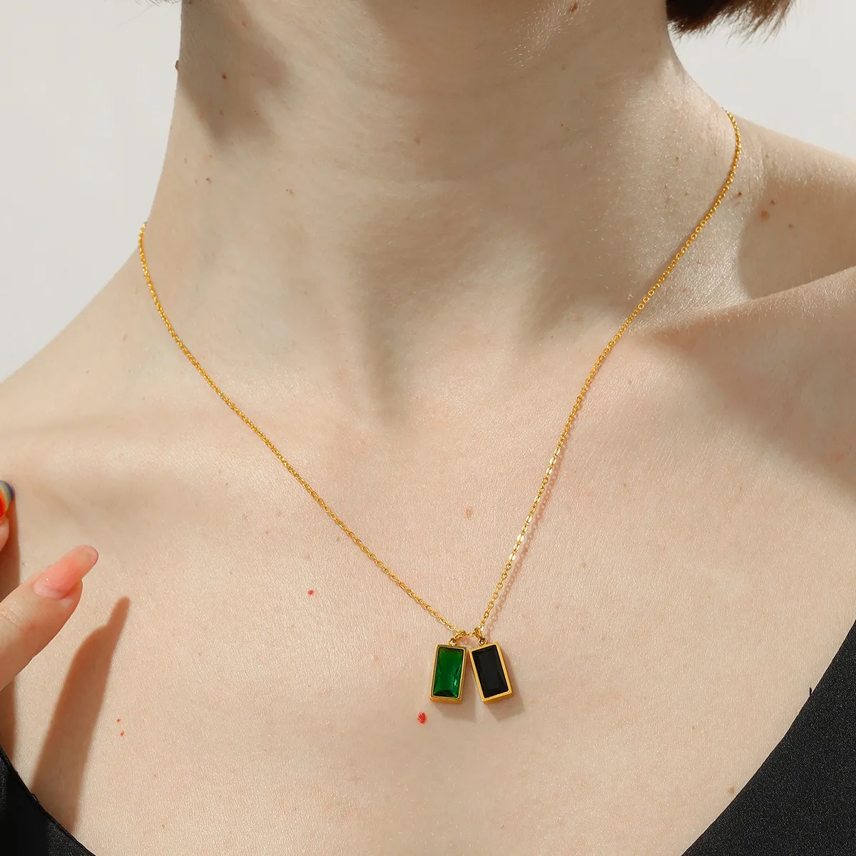 Elegant Rectangle Stainless Steel Plating Inlay Zircon 18K Gold Plated Pendant Necklace Long Necklace_colorza_2