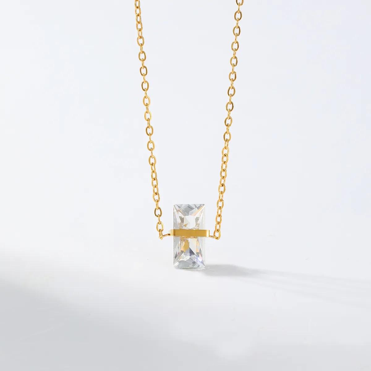Elegant Rectangle Stainless Steel Plating Inlay Zircon 18K Gold Plated Pendant Necklace Long Necklace_colorza_14