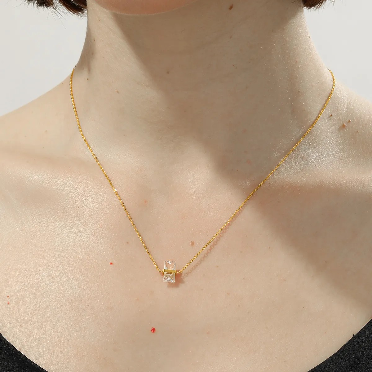 Elegant Rectangle Stainless Steel Plating Inlay Zircon 18K Gold Plated Pendant Necklace Long Necklace_colorza_16