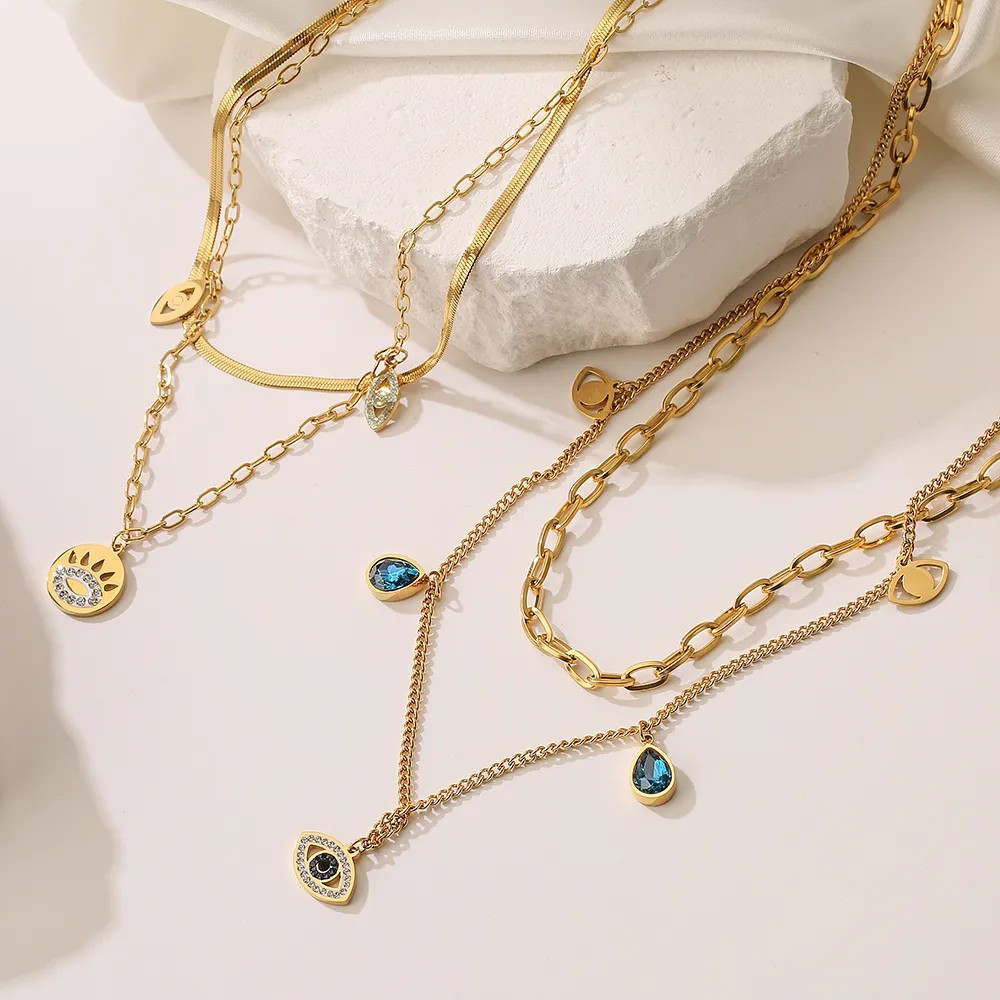 Modern Style Devil'S Eye Titanium Steel Layered Plating Inlay Zircon 18K Gold Plated Layered Necklaces_colorza_3