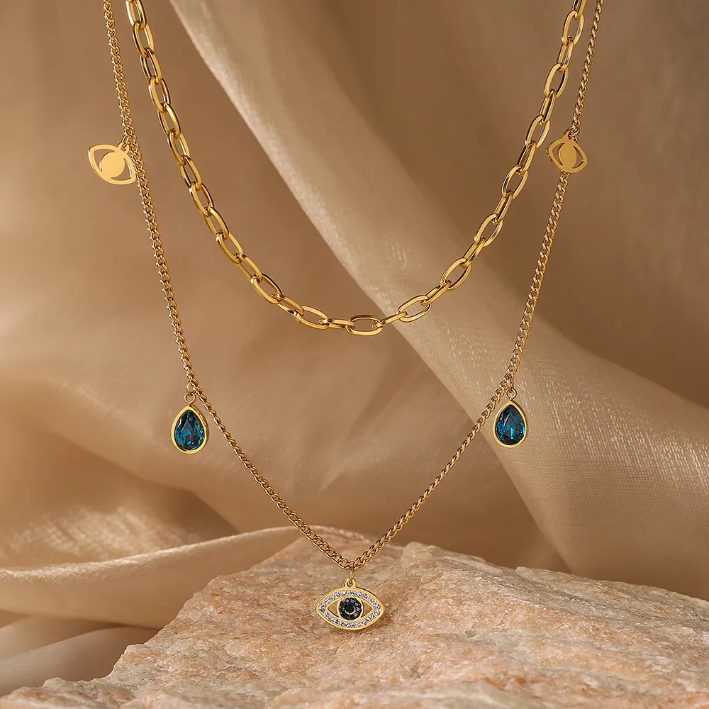 Modern Style Devil'S Eye Titanium Steel Layered Plating Inlay Zircon 18K Gold Plated Layered Necklaces_colorza_4