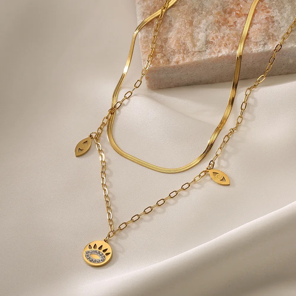 Modern Style Devil'S Eye Titanium Steel Layered Plating Inlay Zircon 18K Gold Plated Layered Necklaces_colorza_5