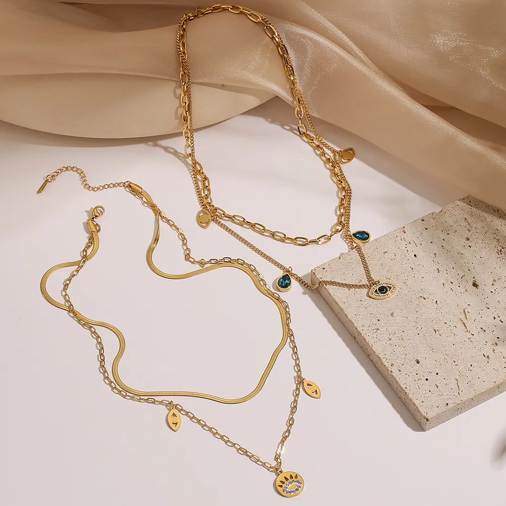 Modern Style Devil'S Eye Titanium Steel Layered Plating Inlay Zircon 18K Gold Plated Layered Necklaces_colorza_6