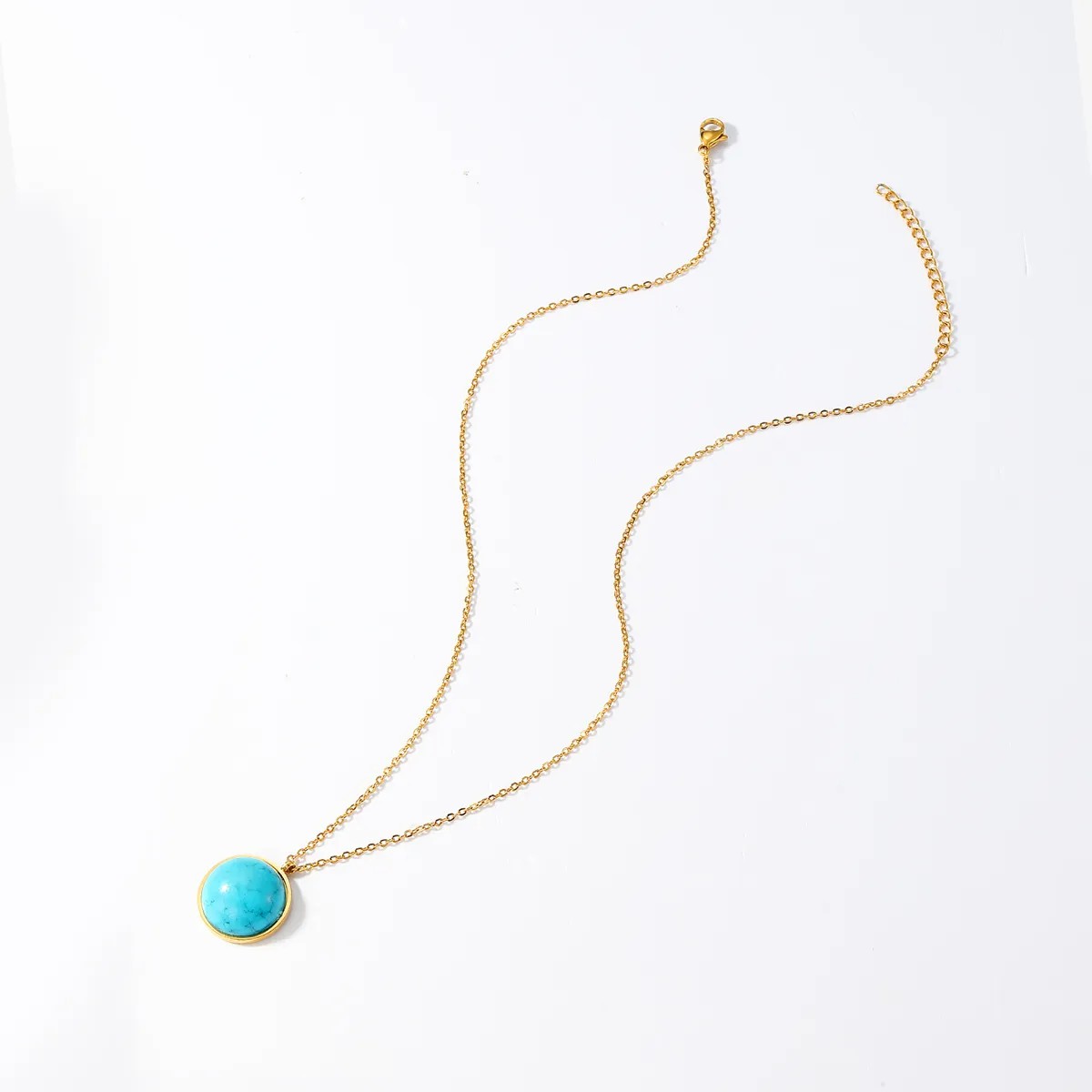Retro Simple Style Round Stainless Steel Plating Inlay Turquoise 18K Gold Plated Pendant Necklace Long Necklace_colorza_2