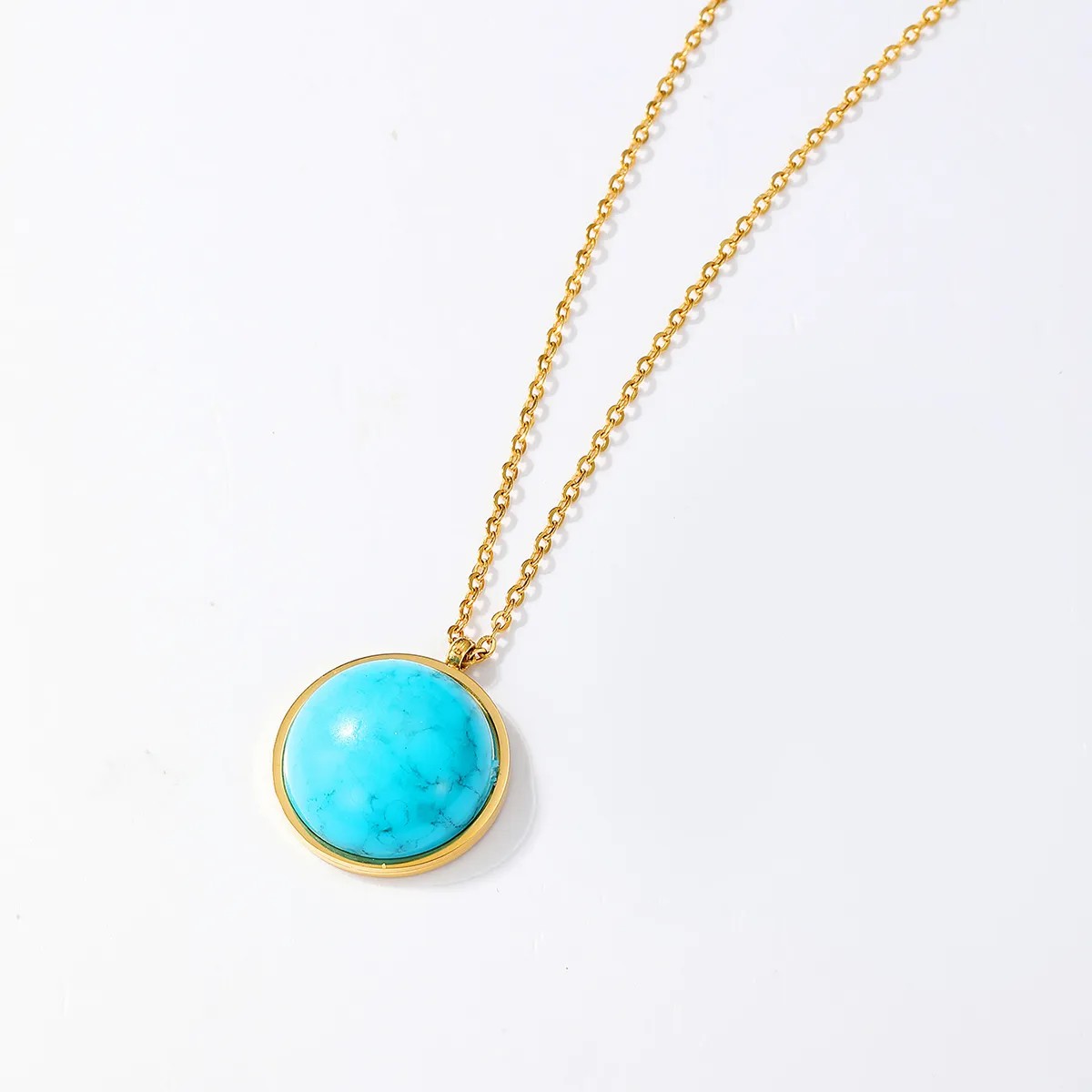 Retro Simple Style Round Stainless Steel Plating Inlay Turquoise 18K Gold Plated Pendant Necklace Long Necklace_colorza_4
