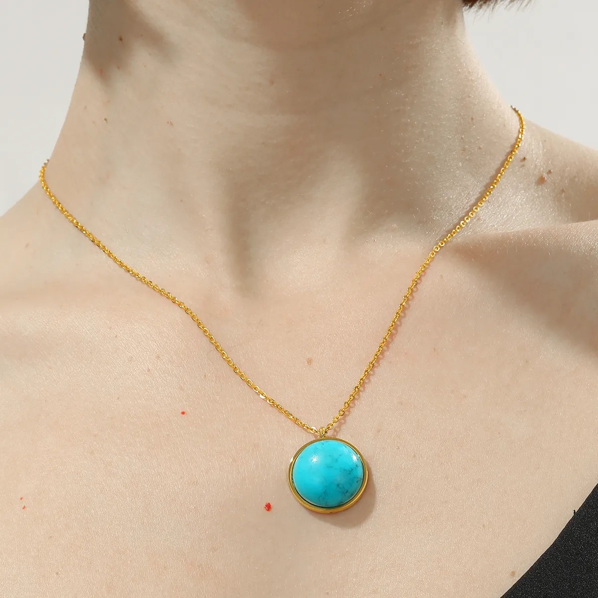 Retro Simple Style Round Stainless Steel Plating Inlay Turquoise 18K Gold Plated Pendant Necklace Long Necklace_colorza_5
