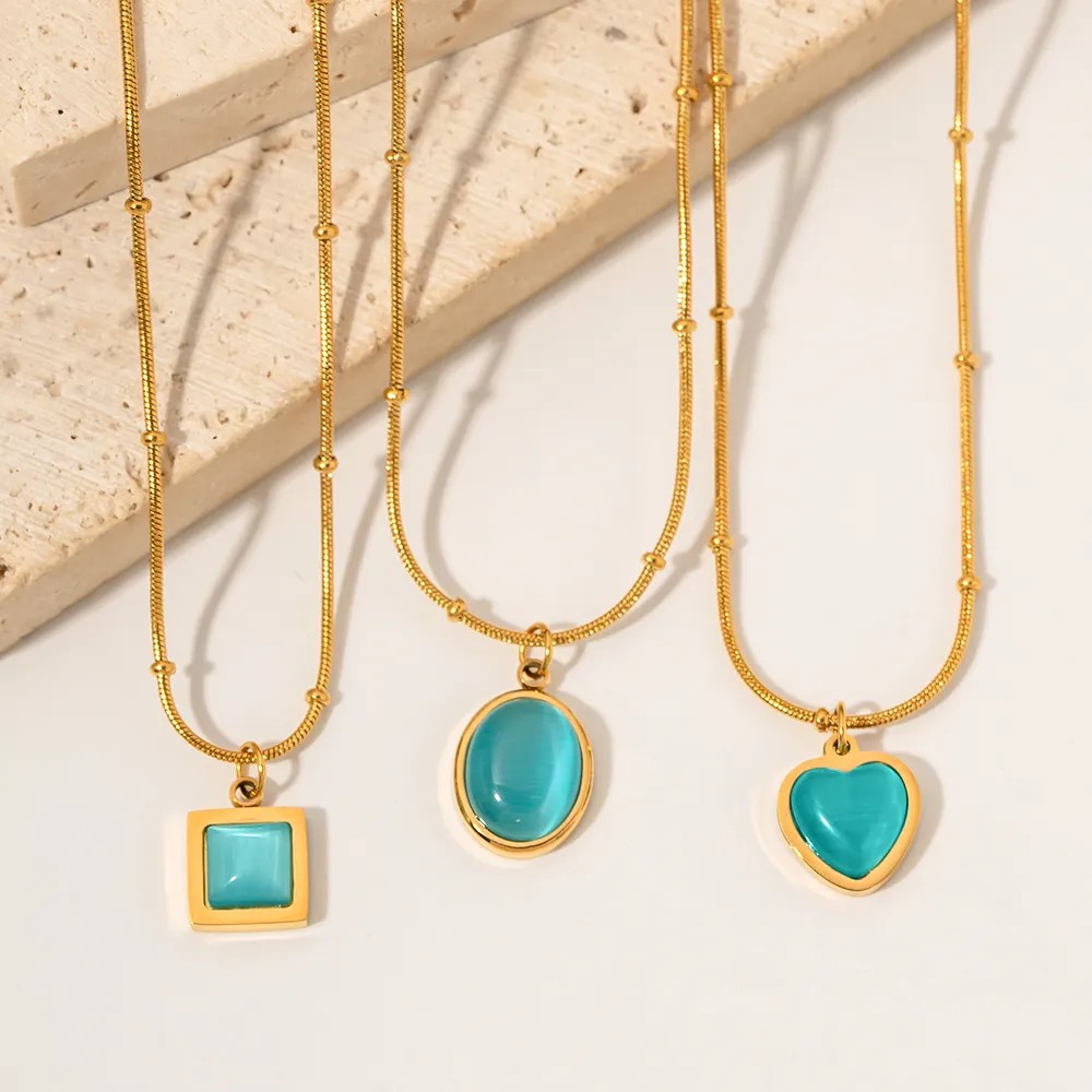 Elegant Square Oval Heart Shape Stainless Steel Plating Inlay Opal 18K Gold Plated Pendant Necklace_colorza_1