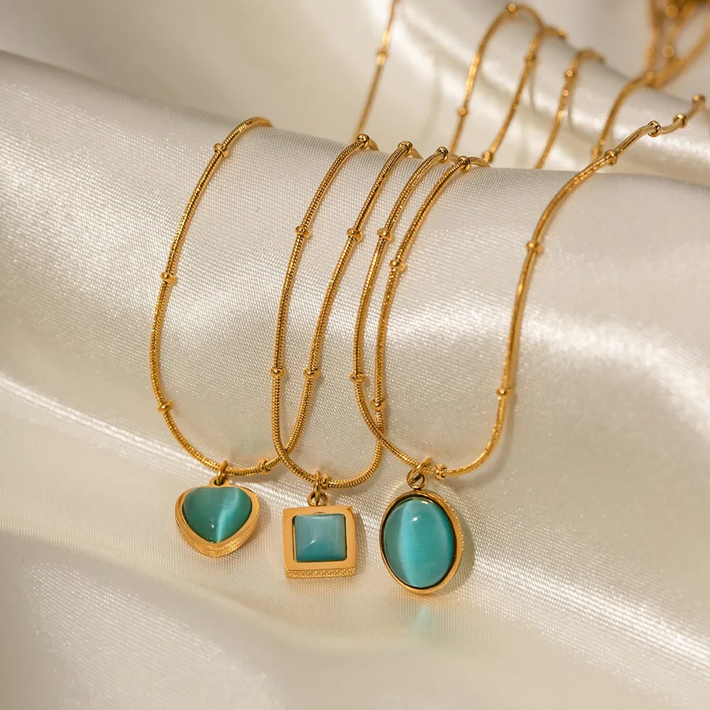 Elegant Square Oval Heart Shape Stainless Steel Plating Inlay Opal 18K Gold Plated Pendant Necklace_colorza_3