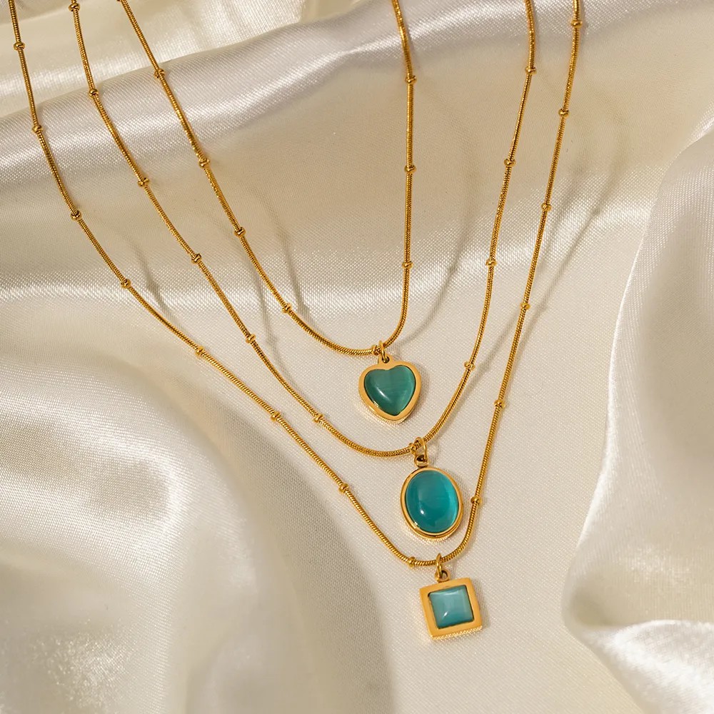 Elegant Square Oval Heart Shape Stainless Steel Plating Inlay Opal 18K Gold Plated Pendant Necklace_colorza_5