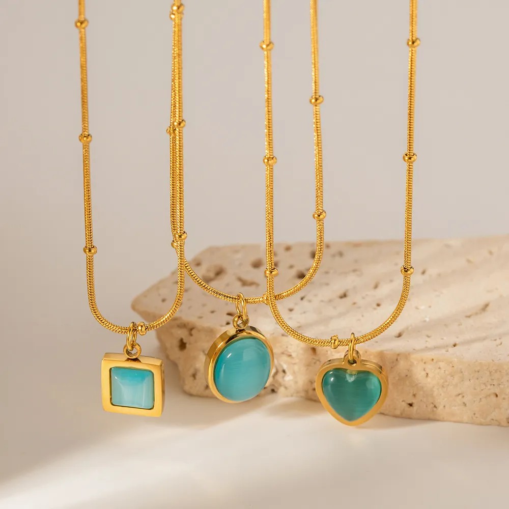 Elegant Square Oval Heart Shape Stainless Steel Plating Inlay Opal 18K Gold Plated Pendant Necklace_colorza_8