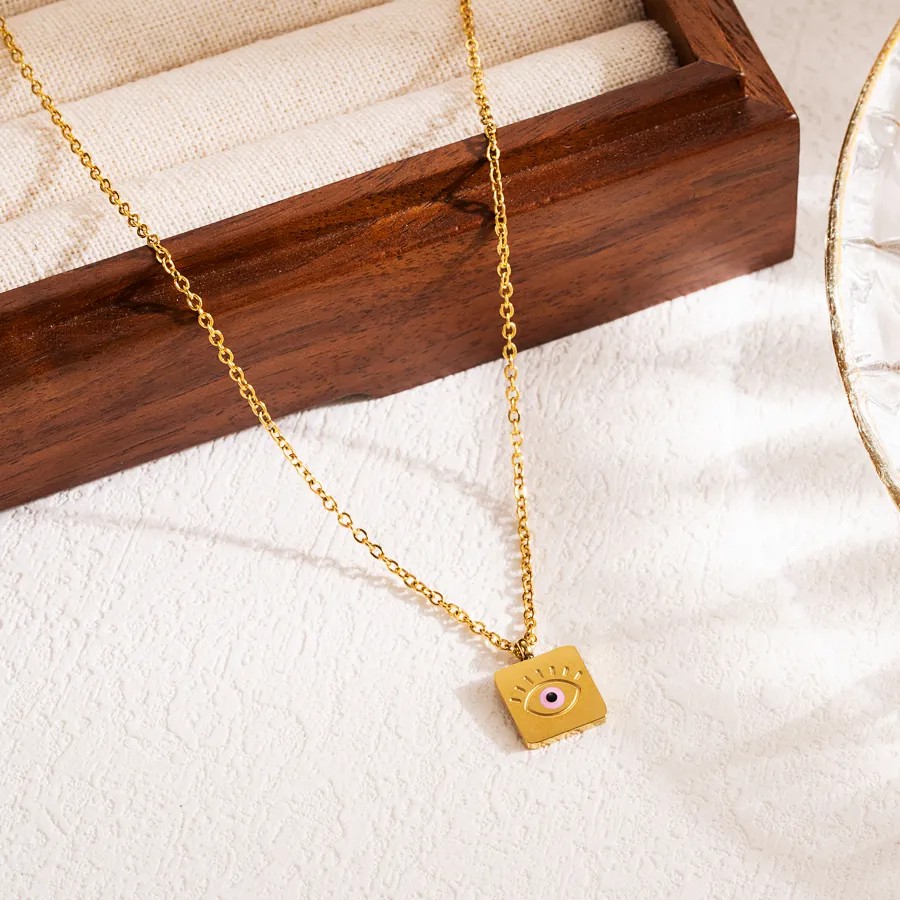 Casual Devil'S Eye Square Stainless Steel Enamel 18K Gold Plated Pendant Necklace_colorza_3
