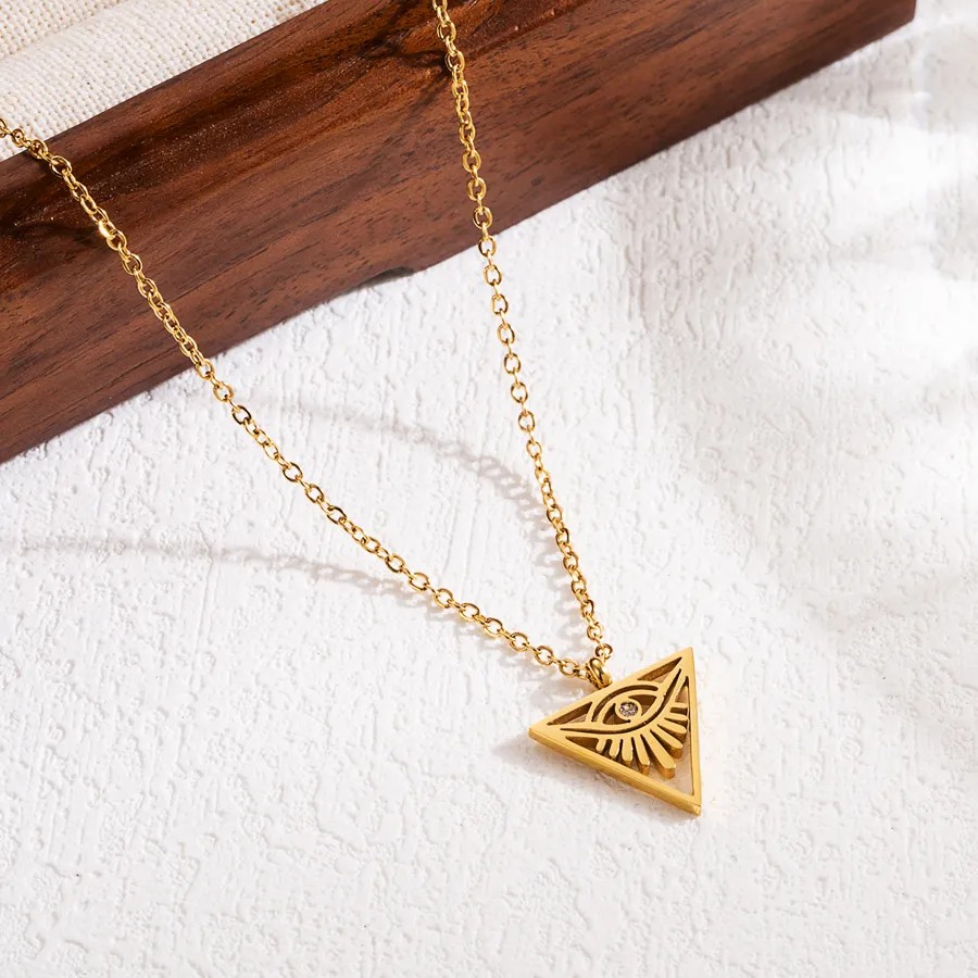 Modern Style Triangle Devil'S Eye Stainless Steel Hollow Out Zircon 18K Gold Plated Pendant Necklace_colorza_1