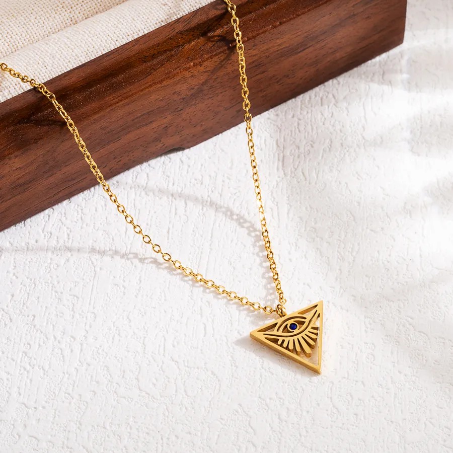 Modern Style Triangle Devil'S Eye Stainless Steel Hollow Out Zircon 18K Gold Plated Pendant Necklace_colorza_3