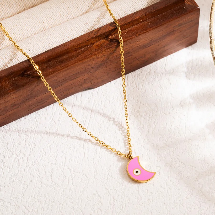 Pink Devil's Eye Moon Stainless Steel Enamel Three-Dimensional 18K Gold Plated Pendant Necklace