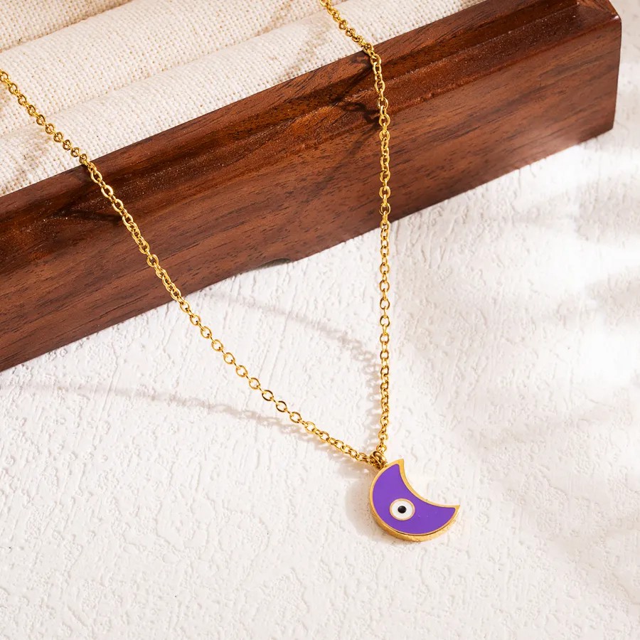 Purple Devil's Eye Moon Stainless Steel Enamel Three-Dimensional 18K Gold Plated Pendant Necklace
