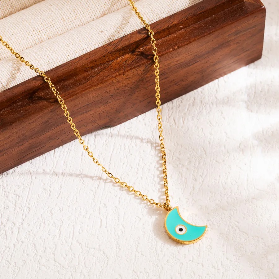 Blue Devil's Eye Moon Stainless Steel Enamel Three-Dimensional 18K Gold Plated Pendant Necklace