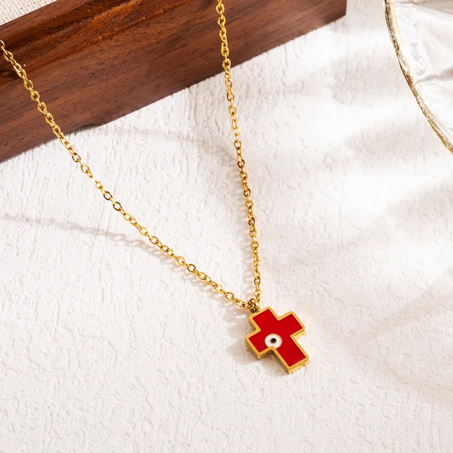 Modern Style Cross Eye Stainless Steel Enamel Three-Dimensional 18K Gold Plated Pendant Necklace_colorza_1