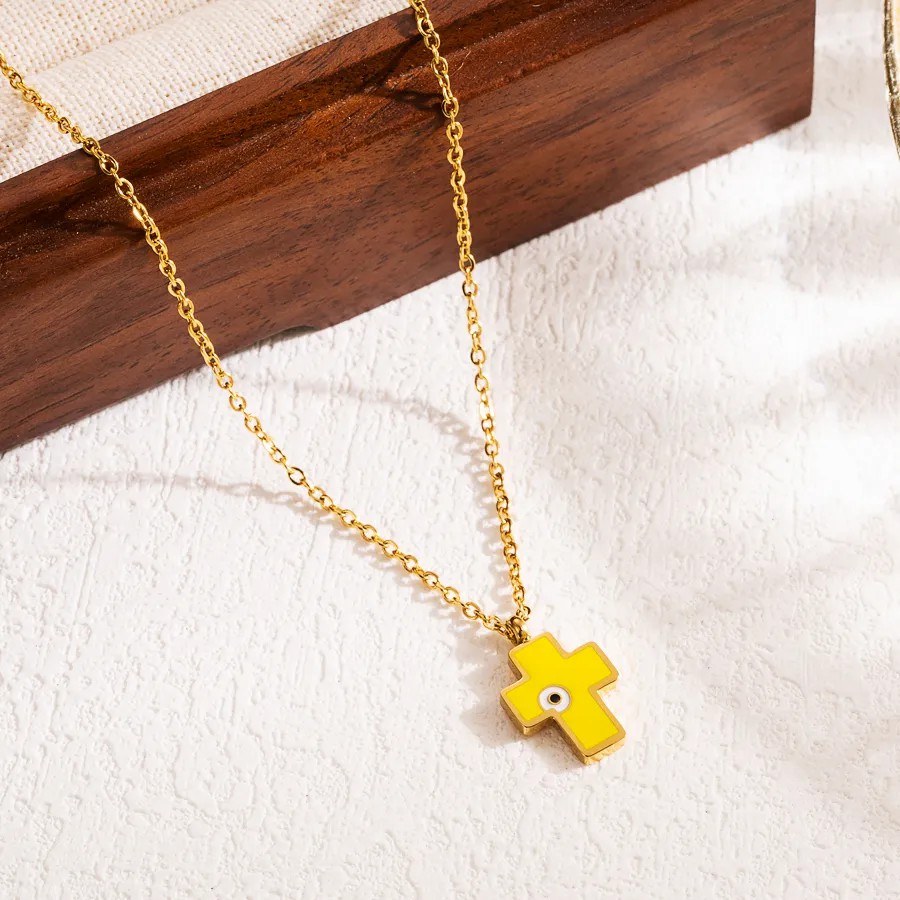 Modern Style Cross Eye Stainless Steel Enamel Three-Dimensional 18K Gold Plated Pendant Necklace_colorza_2