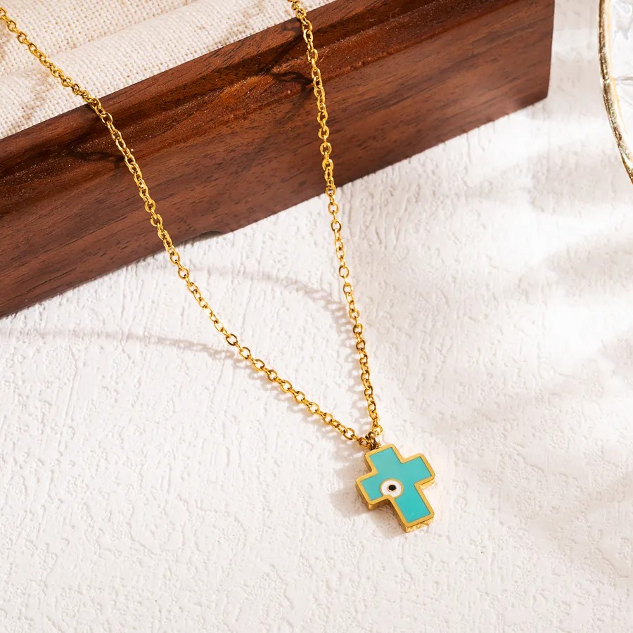 Modern Style Cross Eye Stainless Steel Enamel Three-Dimensional 18K Gold Plated Pendant Necklace_colorza_3