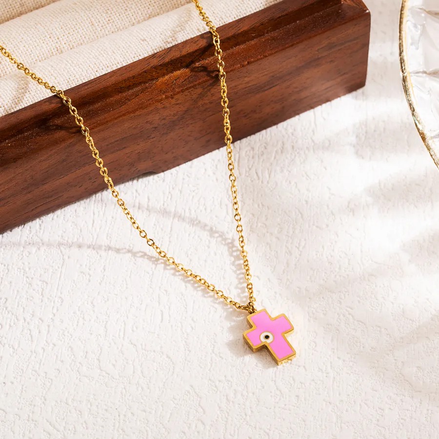 Modern Style Cross Eye Stainless Steel Enamel Three-Dimensional 18K Gold Plated Pendant Necklace_colorza_4